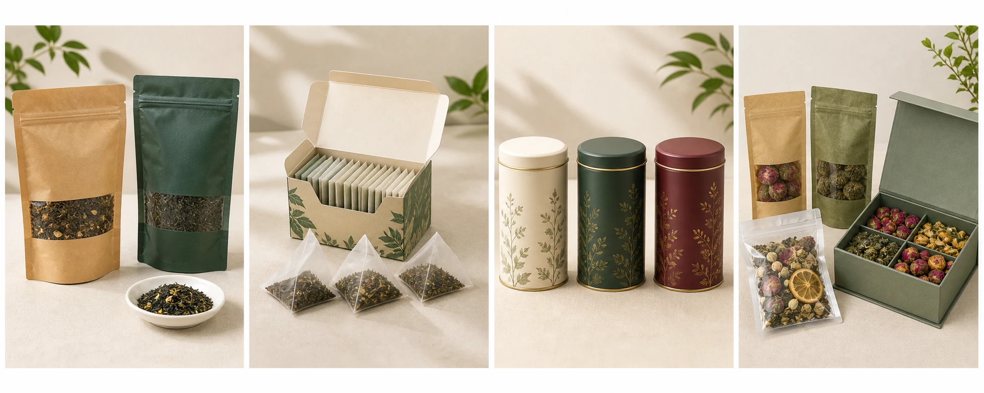 散茶袋、袋泡茶、茶罐与花茶包装概念示意
