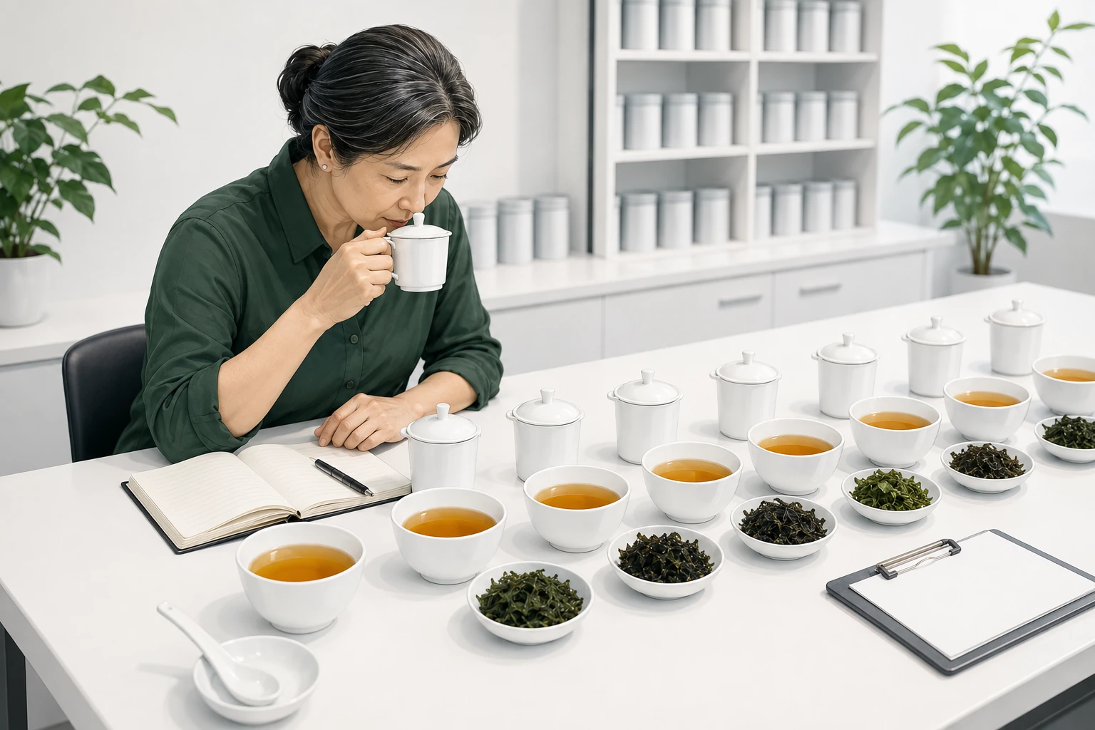 茶样并排比较与闻香工作的审评概念插画