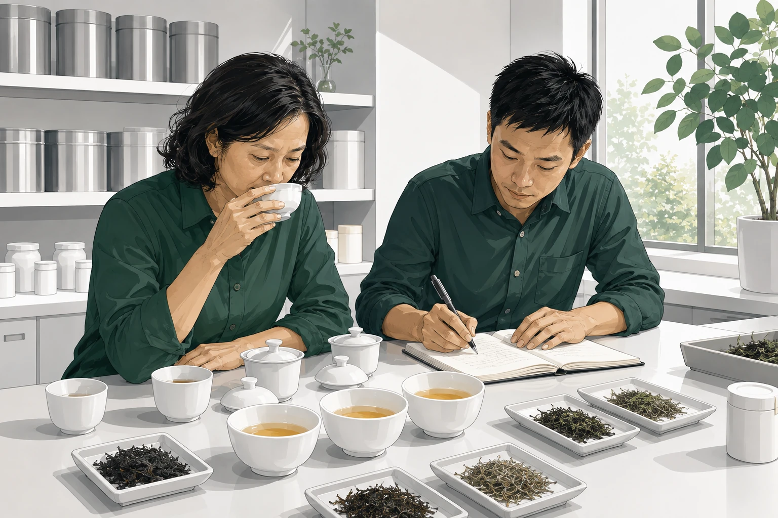 两位茶叶工作者比较茶样并记录反馈的场景插画