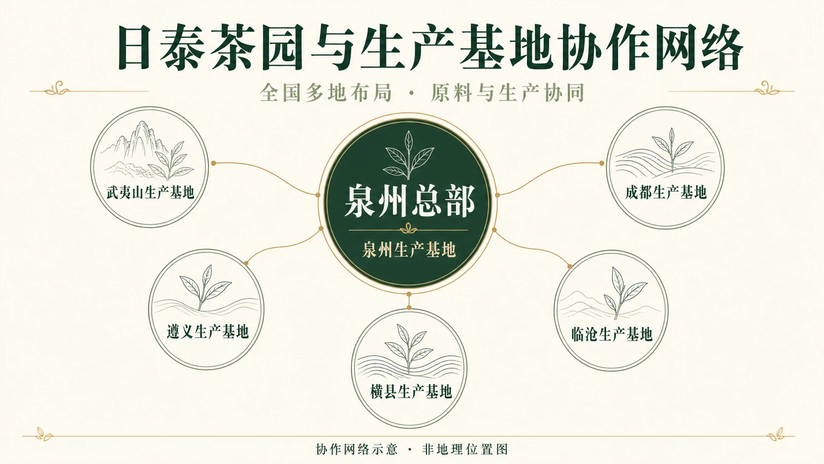 日泰茶园与生产基地协作网络：泉州总部及泉州、武夷山、成都、遵义、临沧、横县六个生产基地